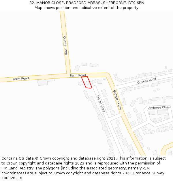 32, MANOR CLOSE, BRADFORD ABBAS, SHERBORNE, DT9 6RN: Location map and indicative extent of plot
