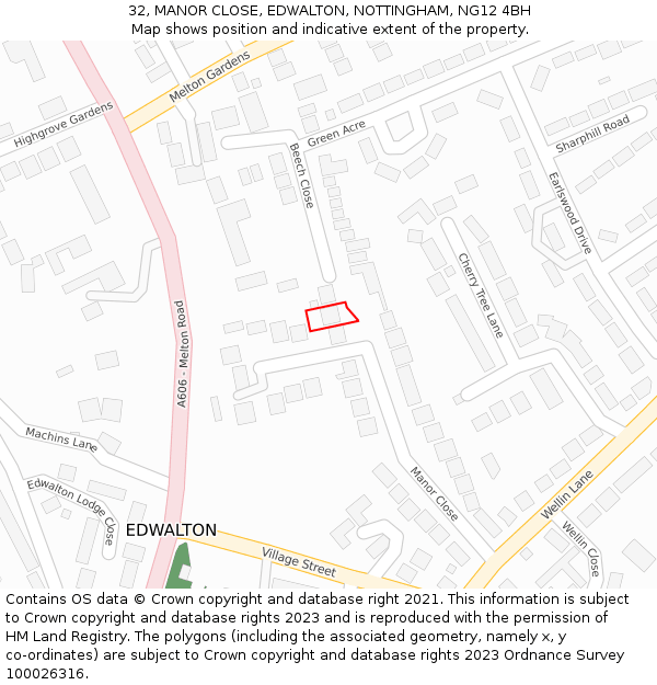 32, MANOR CLOSE, EDWALTON, NOTTINGHAM, NG12 4BH: Location map and indicative extent of plot