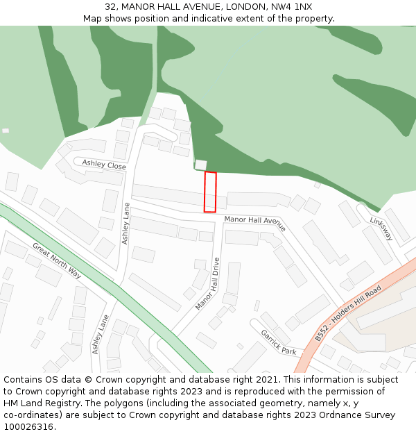 32, MANOR HALL AVENUE, LONDON, NW4 1NX: Location map and indicative extent of plot