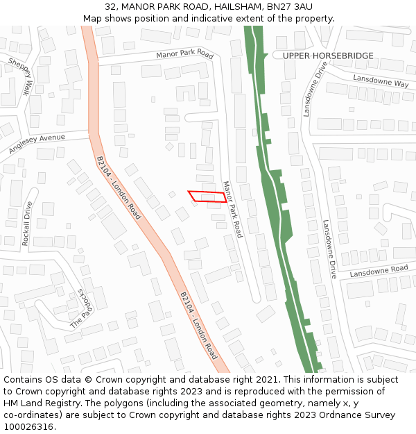 32, MANOR PARK ROAD, HAILSHAM, BN27 3AU: Location map and indicative extent of plot