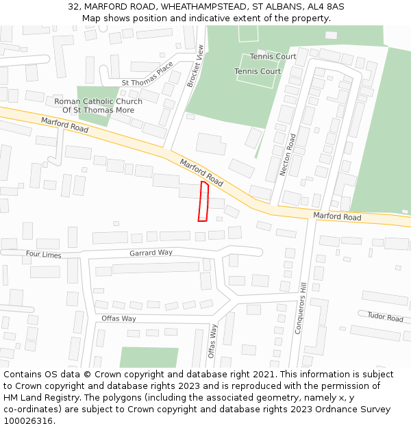 32, MARFORD ROAD, WHEATHAMPSTEAD, ST ALBANS, AL4 8AS: Location map and indicative extent of plot