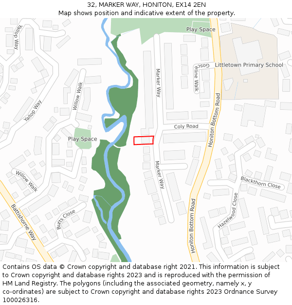 32, MARKER WAY, HONITON, EX14 2EN: Location map and indicative extent of plot