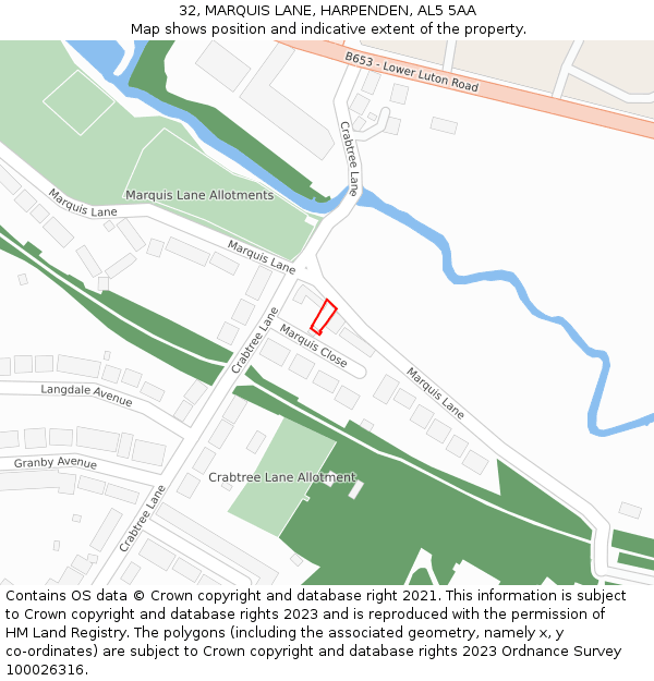 32, MARQUIS LANE, HARPENDEN, AL5 5AA: Location map and indicative extent of plot