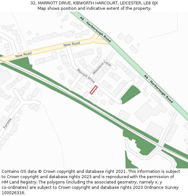 32, MARRIOTT DRIVE, KIBWORTH HARCOURT, LEICESTER, LE8 0JX: Location map and indicative extent of plot