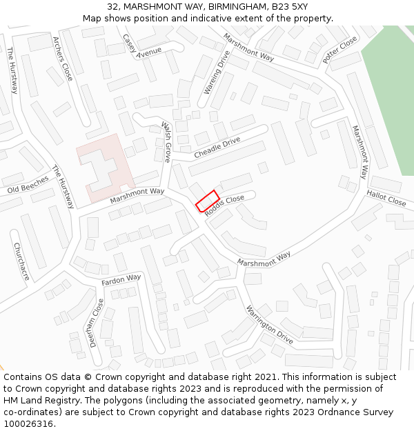 32, MARSHMONT WAY, BIRMINGHAM, B23 5XY: Location map and indicative extent of plot