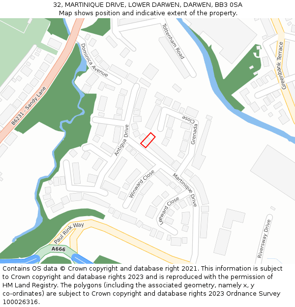 32, MARTINIQUE DRIVE, LOWER DARWEN, DARWEN, BB3 0SA: Location map and indicative extent of plot