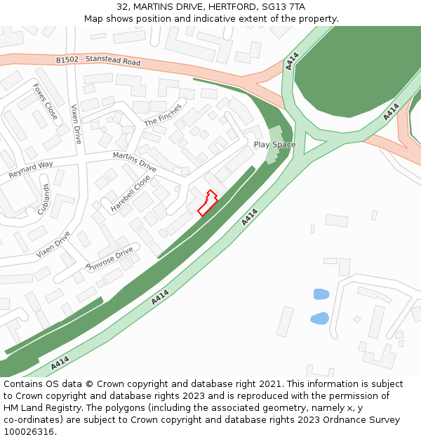 32, MARTINS DRIVE, HERTFORD, SG13 7TA: Location map and indicative extent of plot