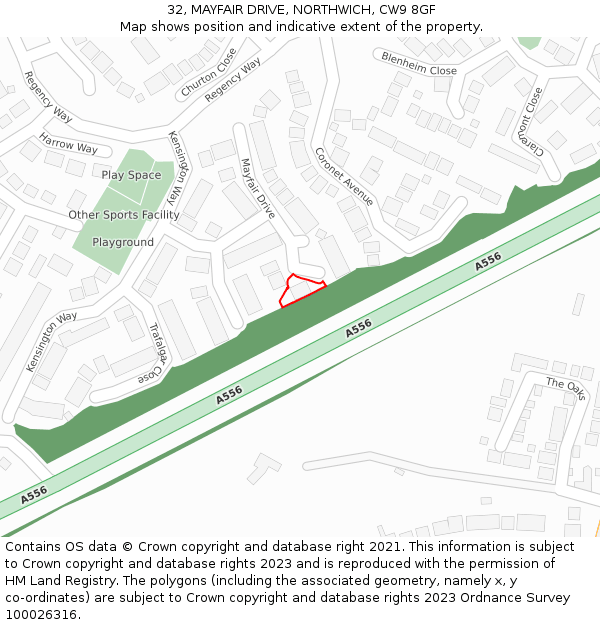 32, MAYFAIR DRIVE, NORTHWICH, CW9 8GF: Location map and indicative extent of plot
