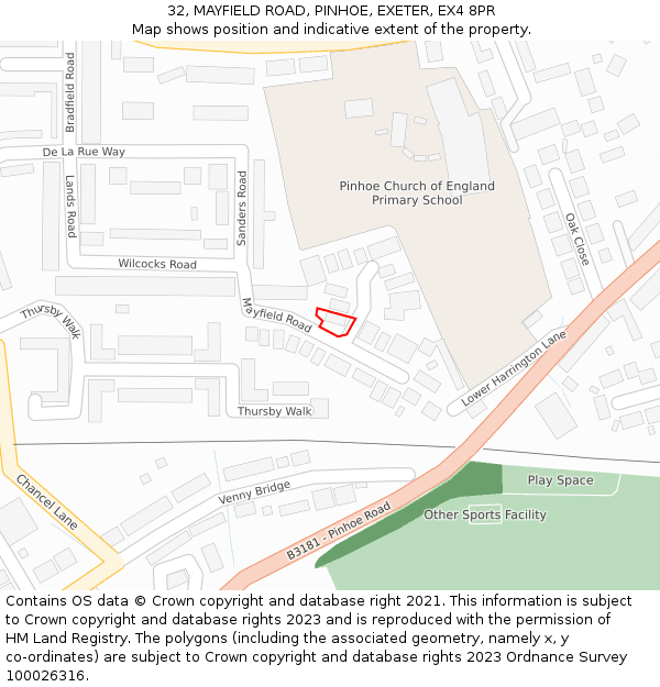 32, MAYFIELD ROAD, PINHOE, EXETER, EX4 8PR: Location map and indicative extent of plot