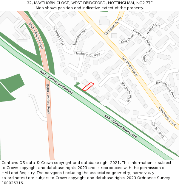 32, MAYTHORN CLOSE, WEST BRIDGFORD, NOTTINGHAM, NG2 7TE: Location map and indicative extent of plot