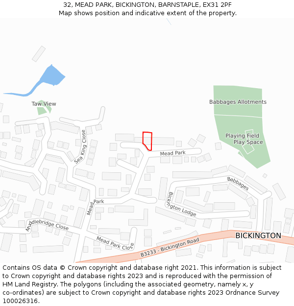32, MEAD PARK, BICKINGTON, BARNSTAPLE, EX31 2PF: Location map and indicative extent of plot
