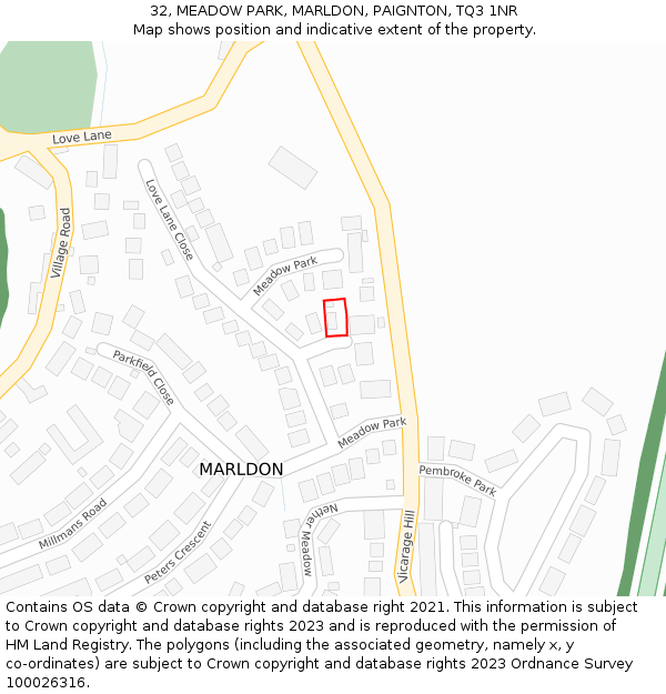 32, MEADOW PARK, MARLDON, PAIGNTON, TQ3 1NR: Location map and indicative extent of plot