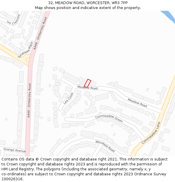 32, MEADOW ROAD, WORCESTER, WR3 7PP: Location map and indicative extent of plot