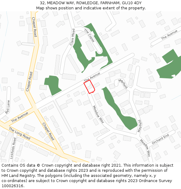 32, MEADOW WAY, ROWLEDGE, FARNHAM, GU10 4DY: Location map and indicative extent of plot