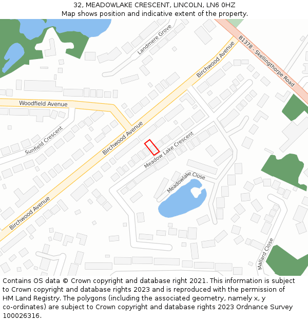 32, MEADOWLAKE CRESCENT, LINCOLN, LN6 0HZ: Location map and indicative extent of plot