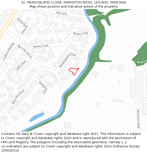 32, MEADOWLAND CLOSE, FARINGTON MOSS, LEYLAND, PR26 6QW: Location map and indicative extent of plot