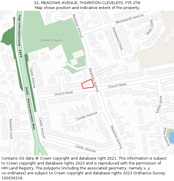 32, MEADOWS AVENUE, THORNTON-CLEVELEYS, FY5 2TW: Location map and indicative extent of plot