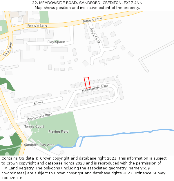 32, MEADOWSIDE ROAD, SANDFORD, CREDITON, EX17 4NN: Location map and indicative extent of plot