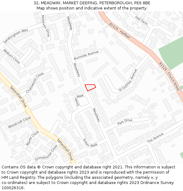 32, MEADWAY, MARKET DEEPING, PETERBOROUGH, PE6 8BE: Location map and indicative extent of plot