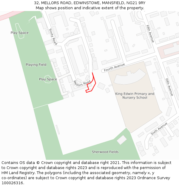 32, MELLORS ROAD, EDWINSTOWE, MANSFIELD, NG21 9RY: Location map and indicative extent of plot