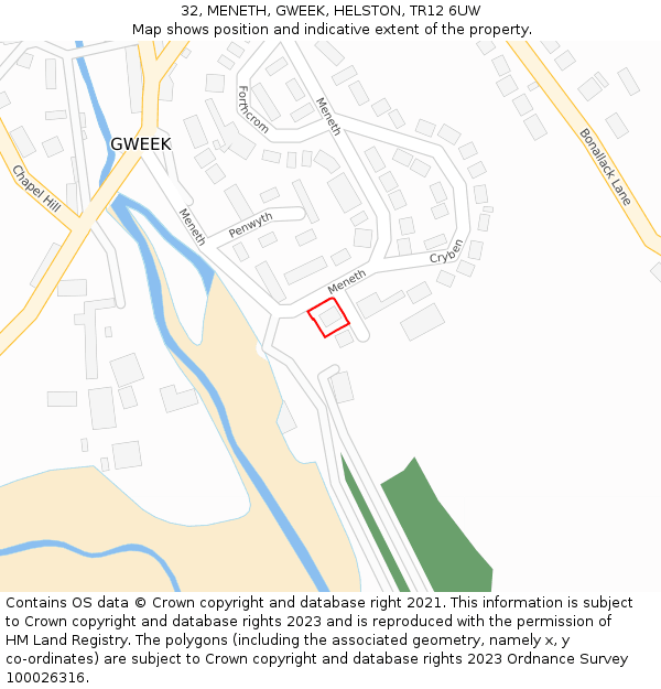 32, MENETH, GWEEK, HELSTON, TR12 6UW: Location map and indicative extent of plot