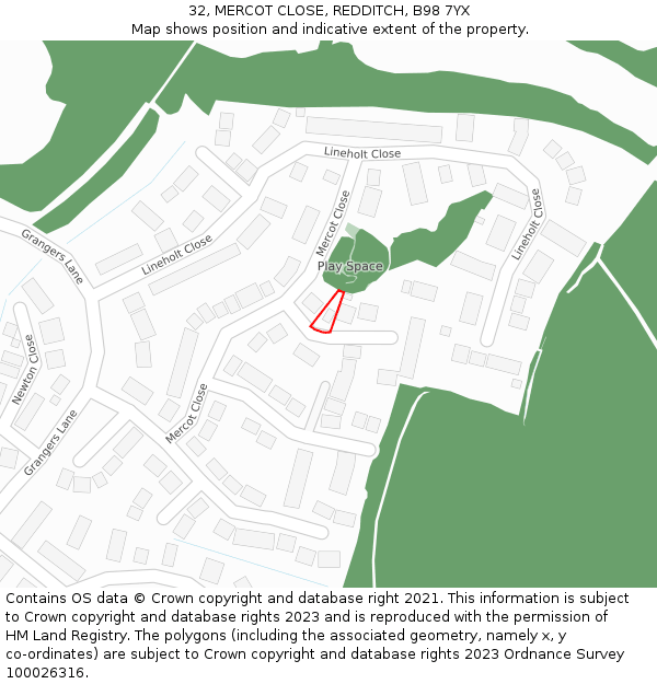 32, MERCOT CLOSE, REDDITCH, B98 7YX: Location map and indicative extent of plot