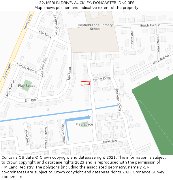 32, MERLIN DRIVE, AUCKLEY, DONCASTER, DN9 3FS: Location map and indicative extent of plot