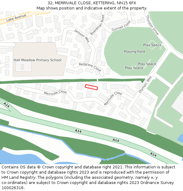 32, MERRIVALE CLOSE, KETTERING, NN15 6FX: Location map and indicative extent of plot