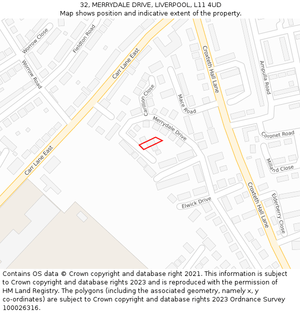 32, MERRYDALE DRIVE, LIVERPOOL, L11 4UD: Location map and indicative extent of plot