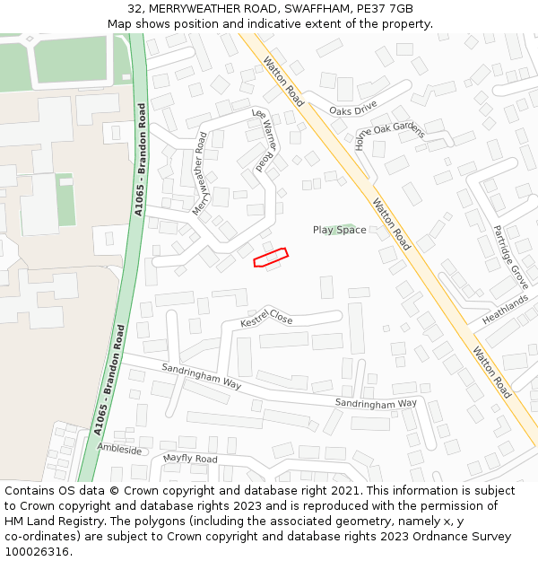 32, MERRYWEATHER ROAD, SWAFFHAM, PE37 7GB: Location map and indicative extent of plot