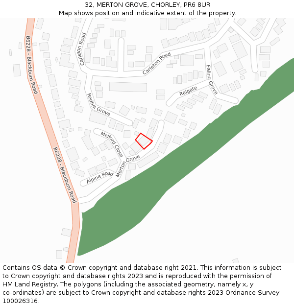 32, MERTON GROVE, CHORLEY, PR6 8UR: Location map and indicative extent of plot