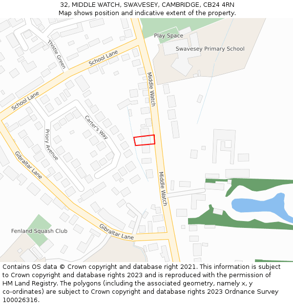 32, MIDDLE WATCH, SWAVESEY, CAMBRIDGE, CB24 4RN: Location map and indicative extent of plot