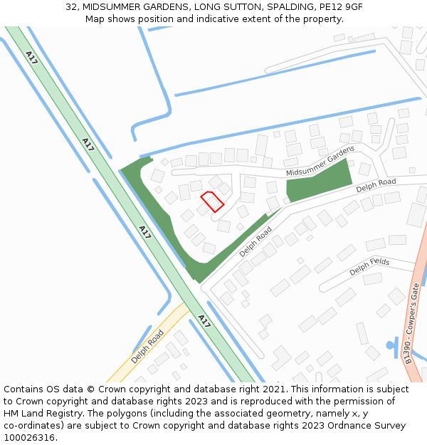 32, MIDSUMMER GARDENS, LONG SUTTON, SPALDING, PE12 9GF: Location map and indicative extent of plot