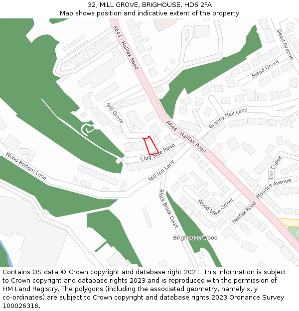 32, MILL GROVE, BRIGHOUSE, HD6 2FA: Location map and indicative extent of plot