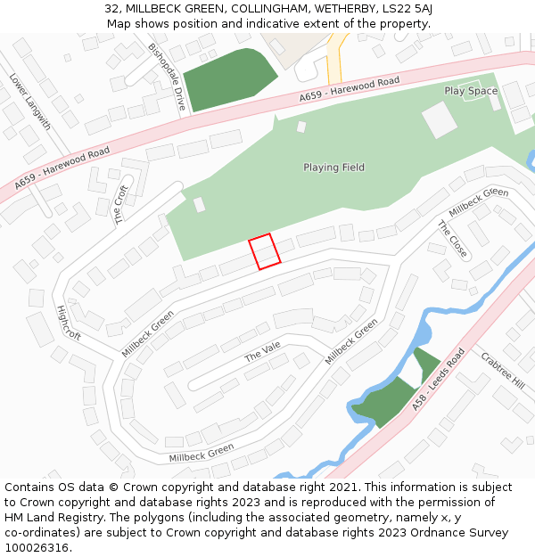 32, MILLBECK GREEN, COLLINGHAM, WETHERBY, LS22 5AJ: Location map and indicative extent of plot