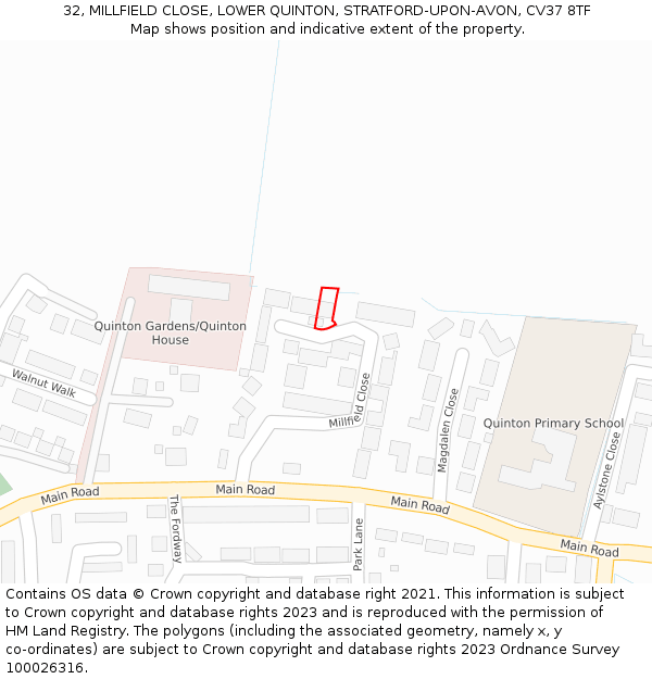 32, MILLFIELD CLOSE, LOWER QUINTON, STRATFORD-UPON-AVON, CV37 8TF: Location map and indicative extent of plot
