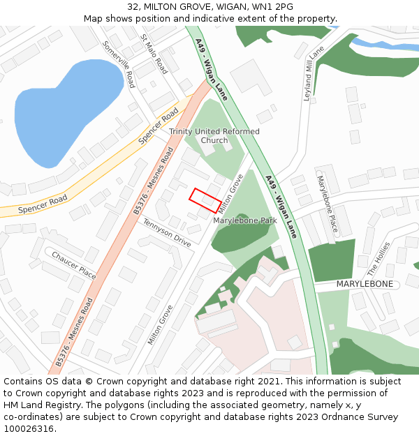 32, MILTON GROVE, WIGAN, WN1 2PG: Location map and indicative extent of plot