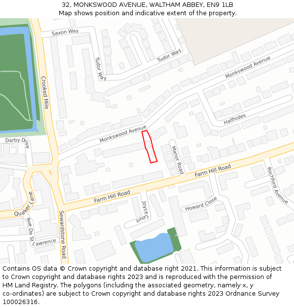32, MONKSWOOD AVENUE, WALTHAM ABBEY, EN9 1LB: Location map and indicative extent of plot