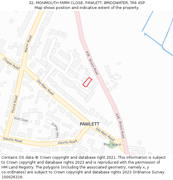 32, MONMOUTH FARM CLOSE, PAWLETT, BRIDGWATER, TA6 4SP: Location map and indicative extent of plot