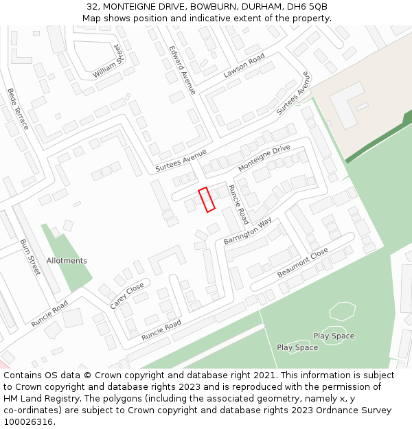 32, MONTEIGNE DRIVE, BOWBURN, DURHAM, DH6 5QB: Location map and indicative extent of plot