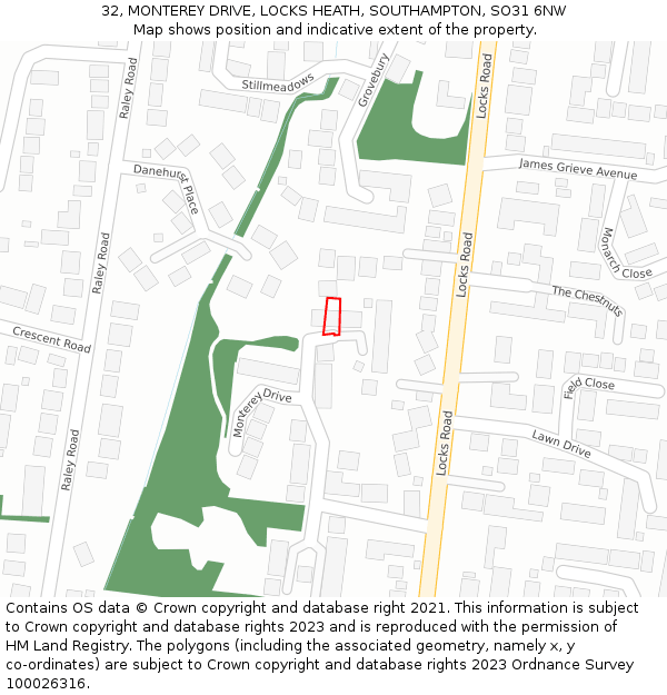 32, MONTEREY DRIVE, LOCKS HEATH, SOUTHAMPTON, SO31 6NW: Location map and indicative extent of plot