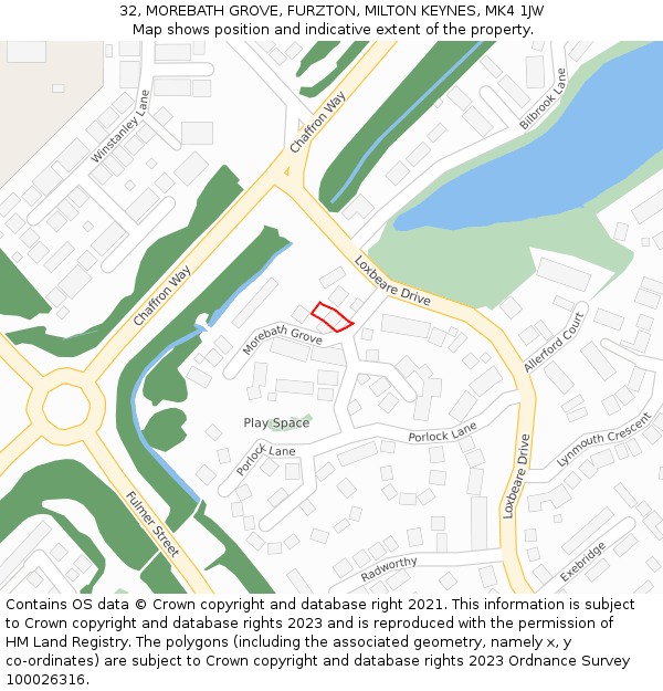 32, MOREBATH GROVE, FURZTON, MILTON KEYNES, MK4 1JW: Location map and indicative extent of plot