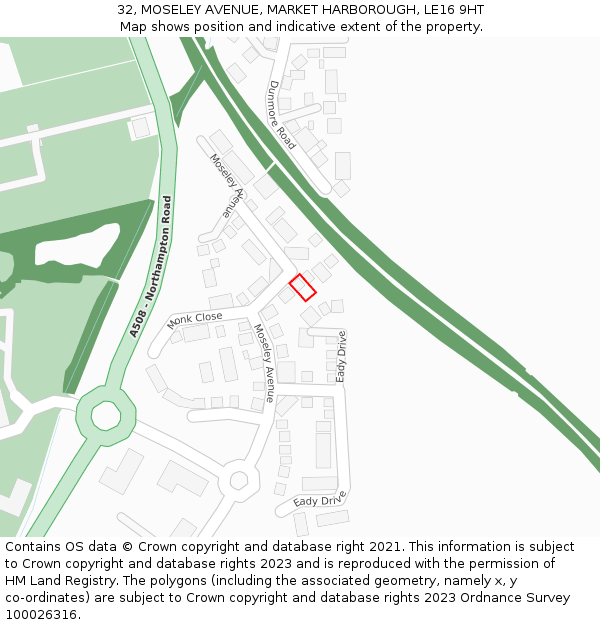 32, MOSELEY AVENUE, MARKET HARBOROUGH, LE16 9HT: Location map and indicative extent of plot
