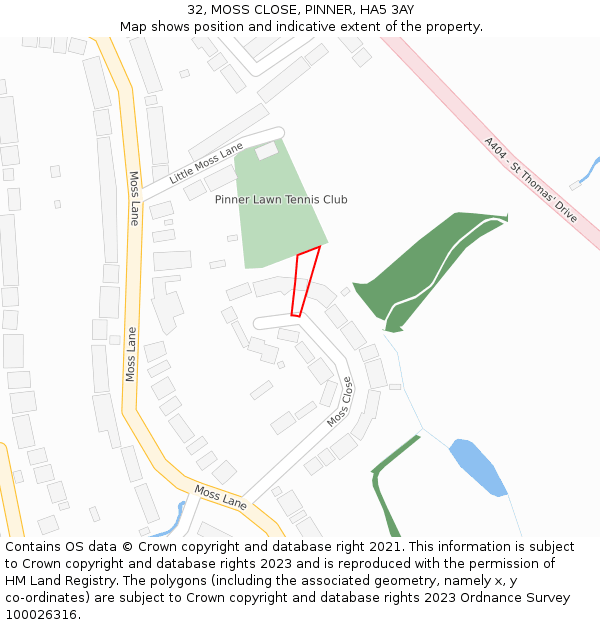 32, MOSS CLOSE, PINNER, HA5 3AY: Location map and indicative extent of plot