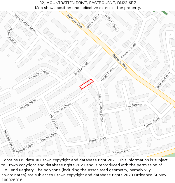 32, MOUNTBATTEN DRIVE, EASTBOURNE, BN23 6BZ: Location map and indicative extent of plot