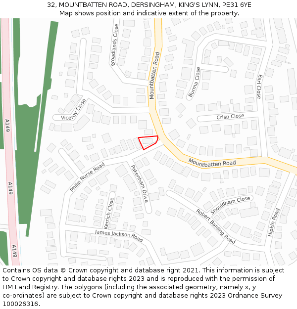 32, MOUNTBATTEN ROAD, DERSINGHAM, KING'S LYNN, PE31 6YE: Location map and indicative extent of plot
