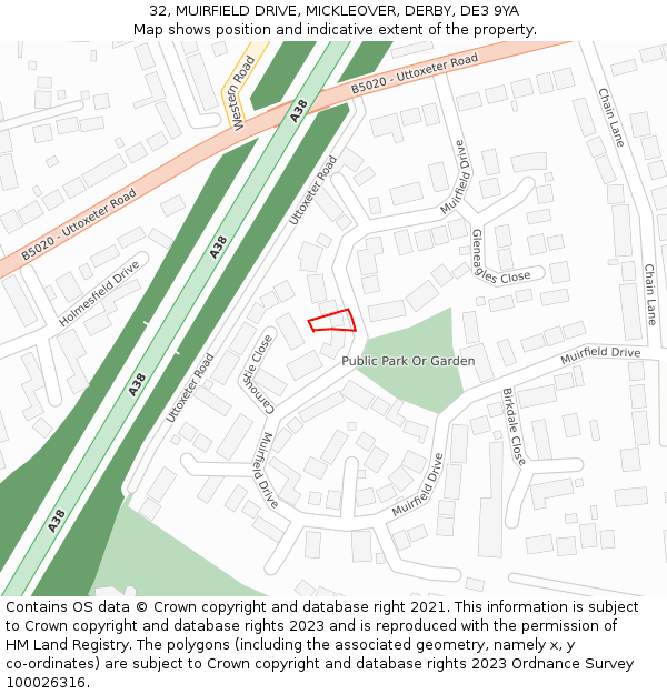 32, MUIRFIELD DRIVE, MICKLEOVER, DERBY, DE3 9YA: Location map and indicative extent of plot