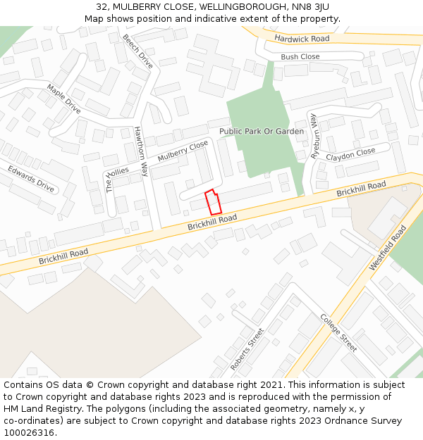 32, MULBERRY CLOSE, WELLINGBOROUGH, NN8 3JU: Location map and indicative extent of plot