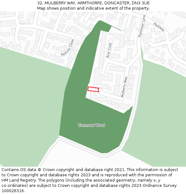 32, MULBERRY WAY, ARMTHORPE, DONCASTER, DN3 3UE: Location map and indicative extent of plot