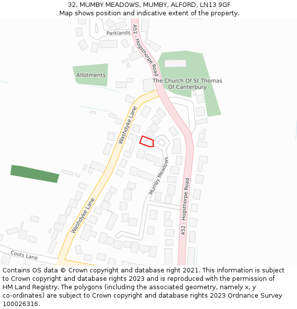 32, MUMBY MEADOWS, MUMBY, ALFORD, LN13 9GF: Location map and indicative extent of plot